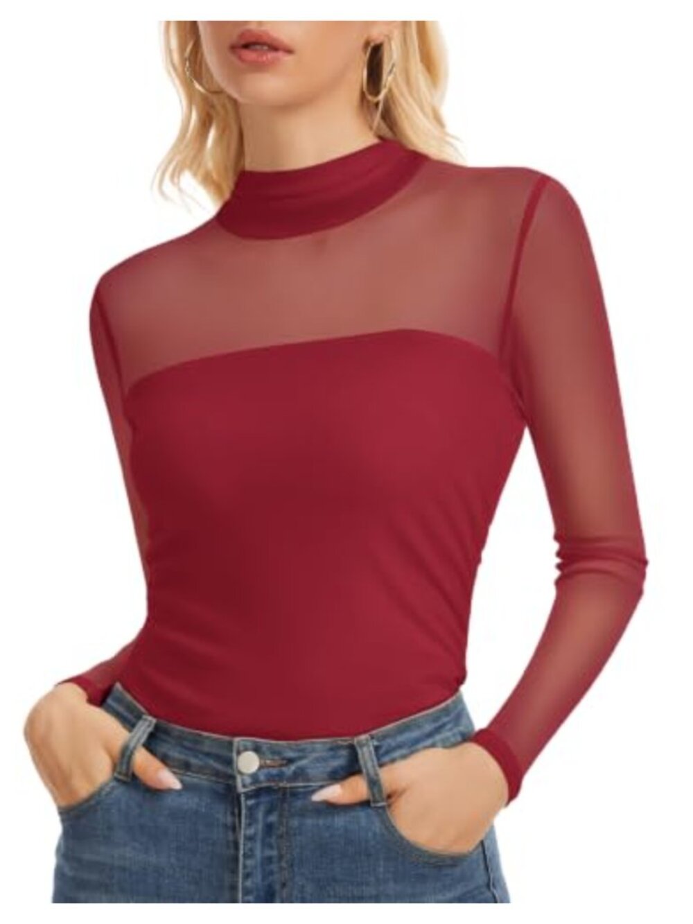 Mesh Long Sleeve Turtle Neck Sheer Top Slim Fit Going Out Blouse